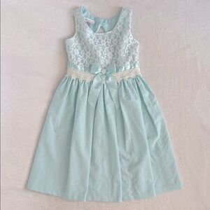 Bonnie Jean | Lace Bodice Overlay Bow Sleeveless Dress Aqua Blue/White (8)